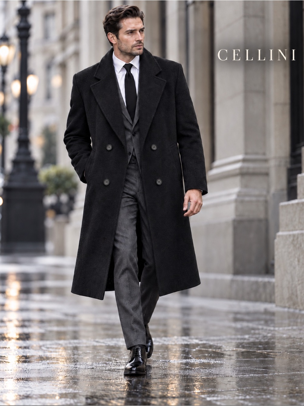 Cellini Collection Men’s Black Wool Double Breasted Long Overcoat